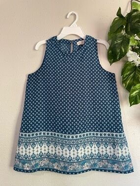 Pink Rose Boho Floral Tank Top Blue Border Print Sleeveless Blouse Size S